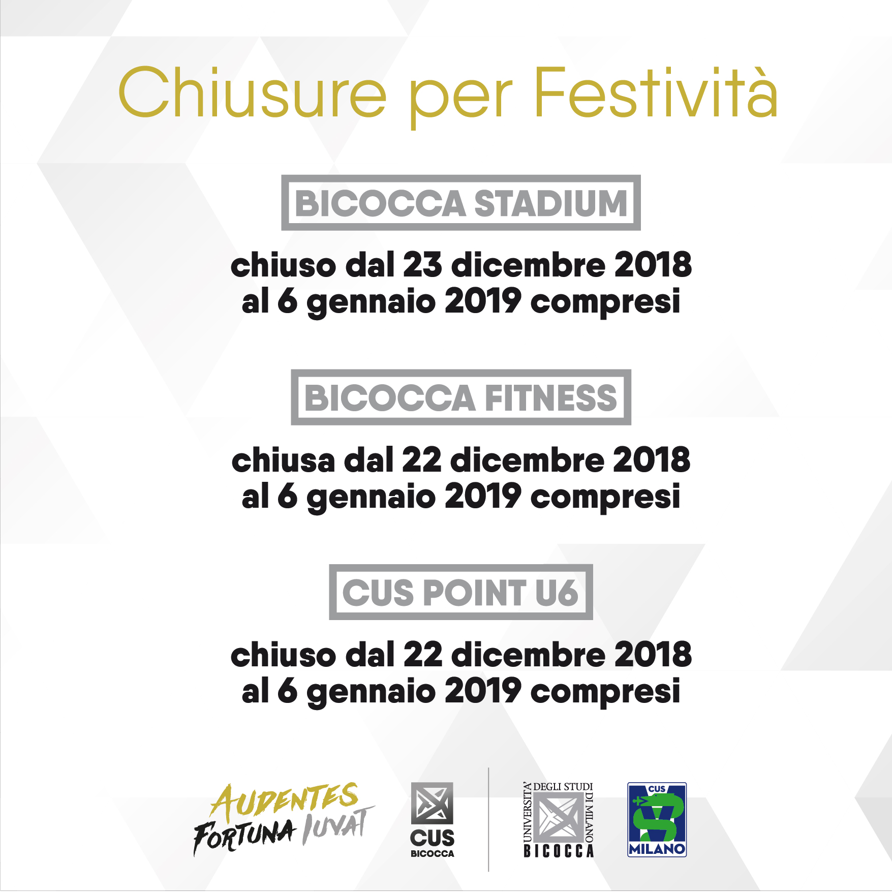 Chiusure per Festività 2018/19 – CUS Bicocca