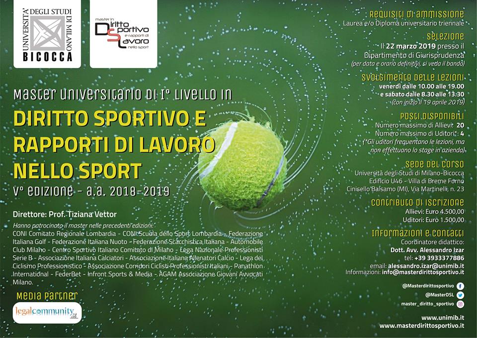 Master in Diritto Sportivo e Rapporti di Lavoro nello Sport 2019